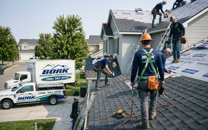 Bork Meridian crew installing new GAF Timberline shingles on a Paramount neighborhood home in Meridian, ID