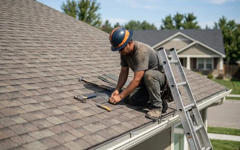 Bork Meridian roofer repairing damaged shingles and flashing on a Ten Mile Creek home in Meridian, Idaho