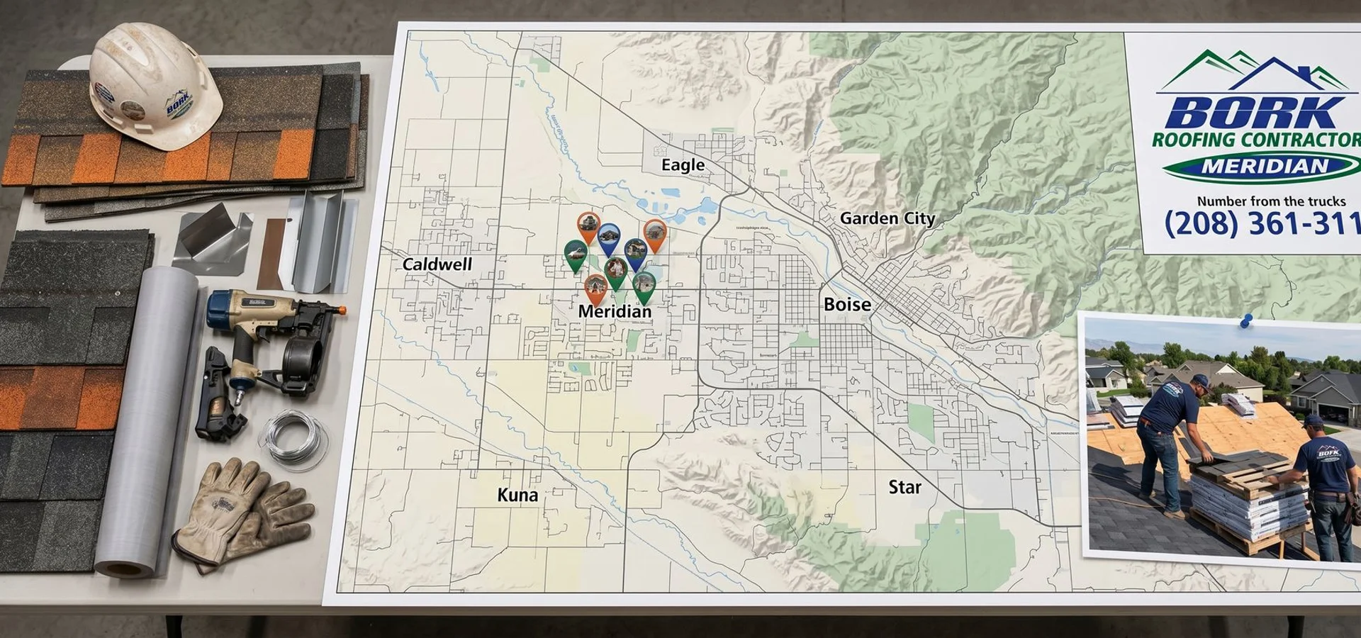 Bork Meridian roofing crew installing a new architectural shingle roof on a Meridian Idaho home