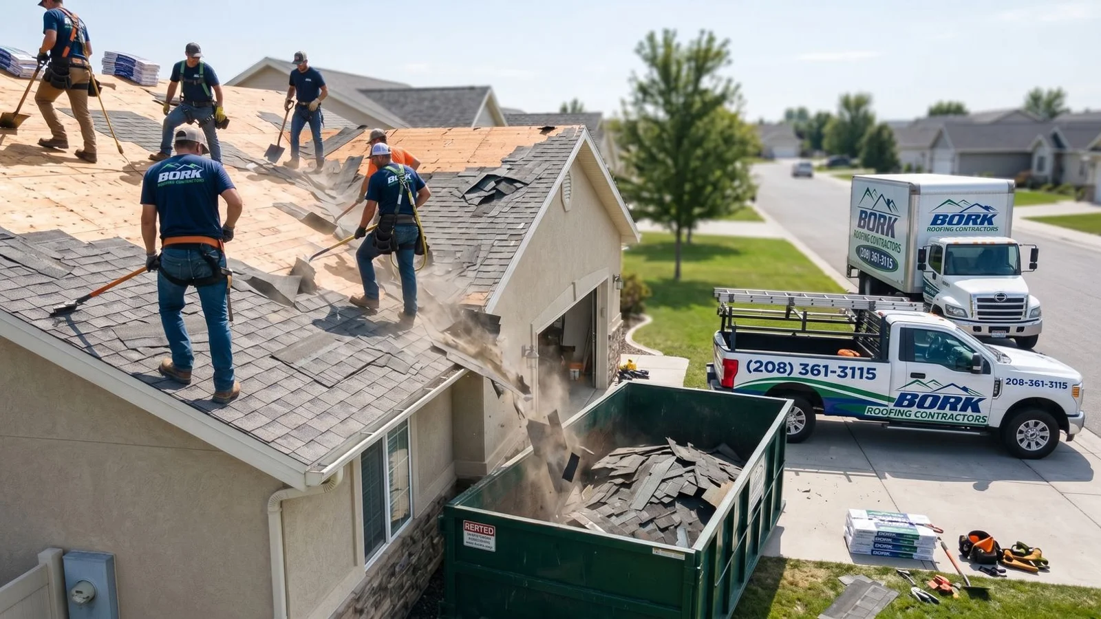 Roof replacement in progress on a Meridian home