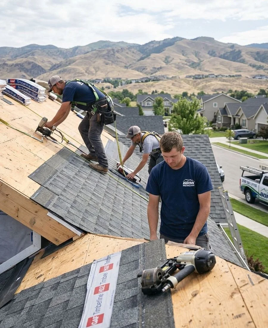 Bork Meridian GAF certified crew installing architectural shingles on a Meridian home