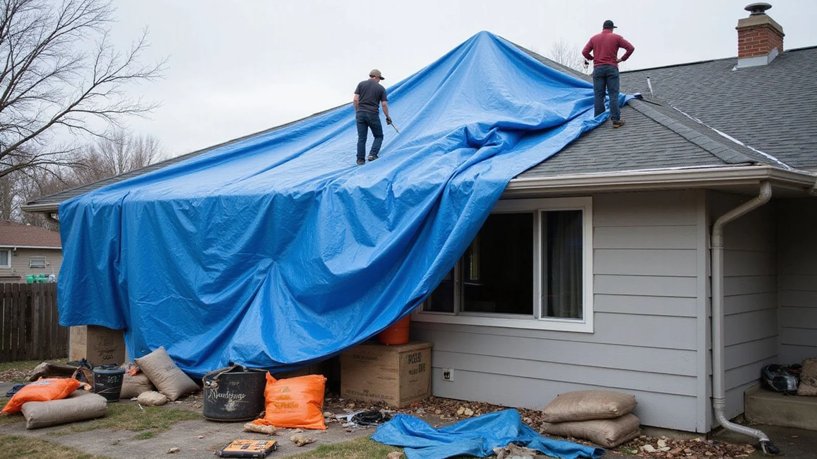 Emergency roof tarping after an Idaho storm