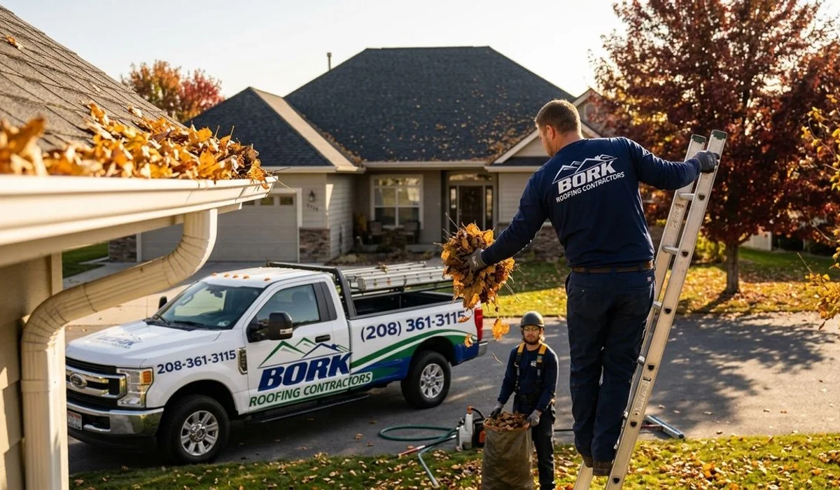 Fall gutter cleaning on Meridian home