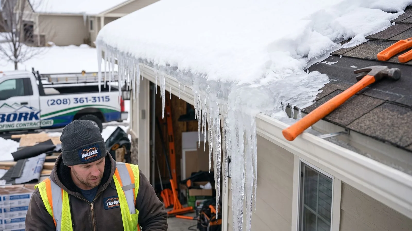 Ice dam on a Meridian home eave