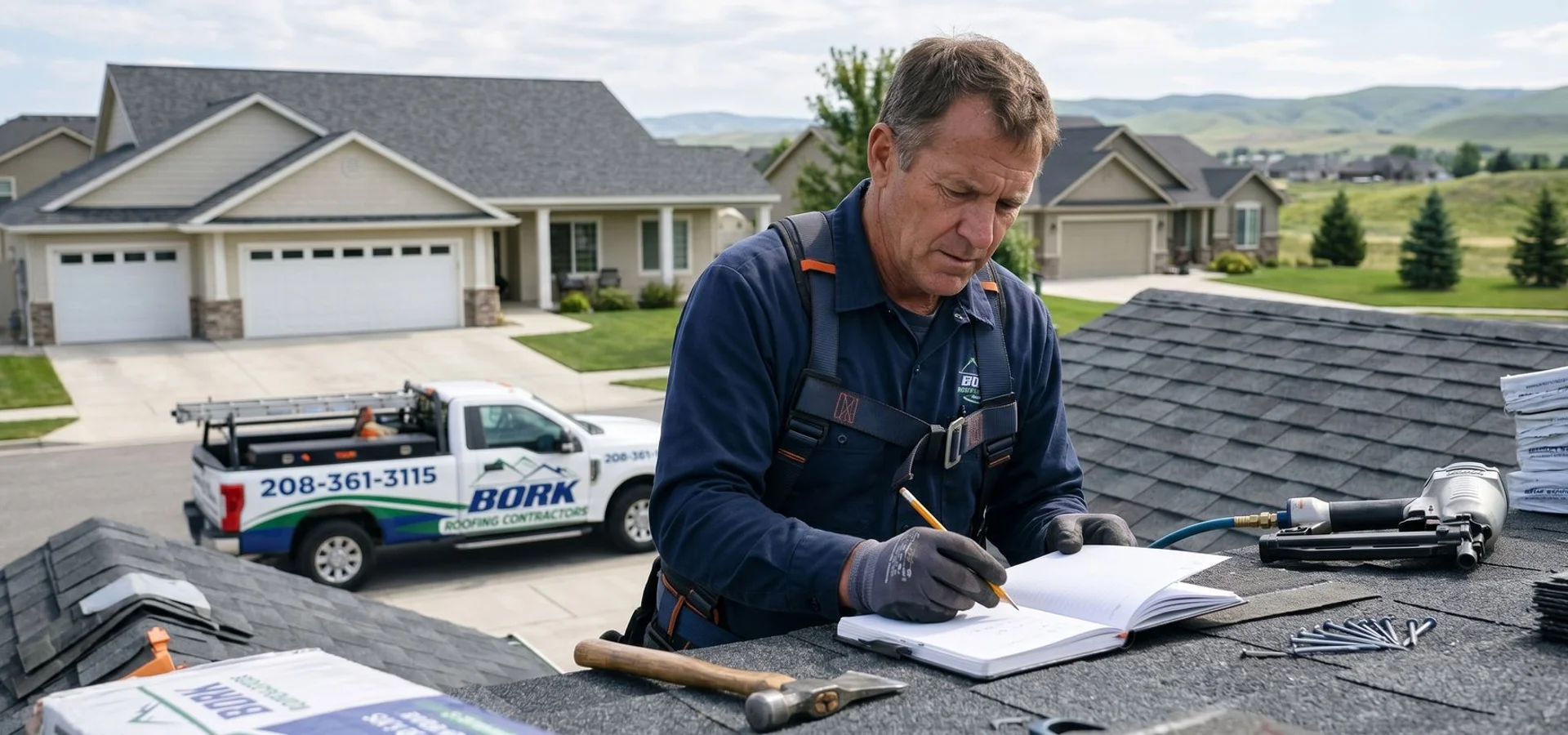 Bork Meridian roofing crew installing a new architectural shingle roof on a Meridian Idaho home