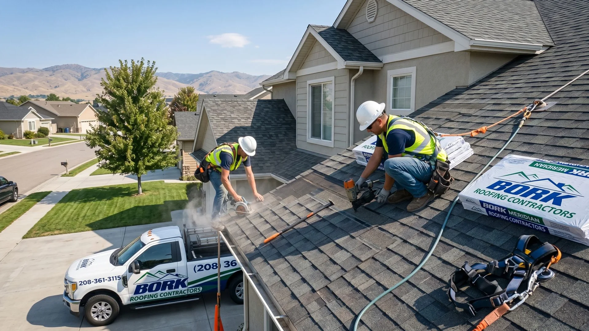 Bork Meridian crew installing architectural shingles on a Meridian Idaho home
